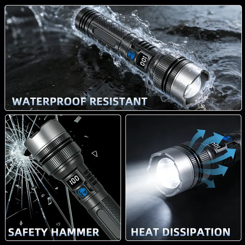 Buy 1 Get 1 Free, Total of 2pcs , 2-in-1 Strong Flashlight (Power Bank), Digital display ofpower, Rechargeable, Zoomable,, X4Waterproof,Adjustable Brightness Flash Light for Outdoor, Emergency,Camping Accessories